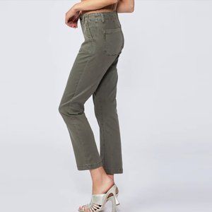 Paige Mayslie Straight Ankle in Vintage Moss Olive Green Stretch Mid-Rise Pants